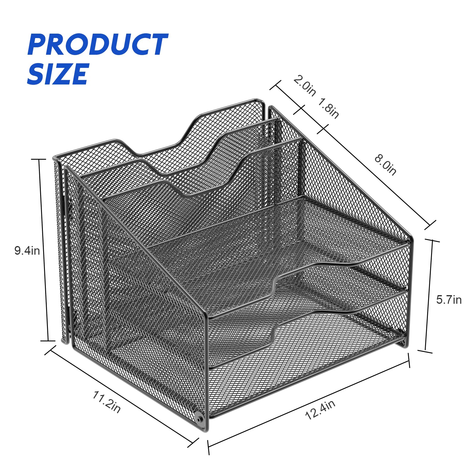 Samstar Mesh Desk File Organizer Letter Tray Holder, Desktop File Folder Holder with 3 Paper Trays and 2 Vertical Upright Section, Black.