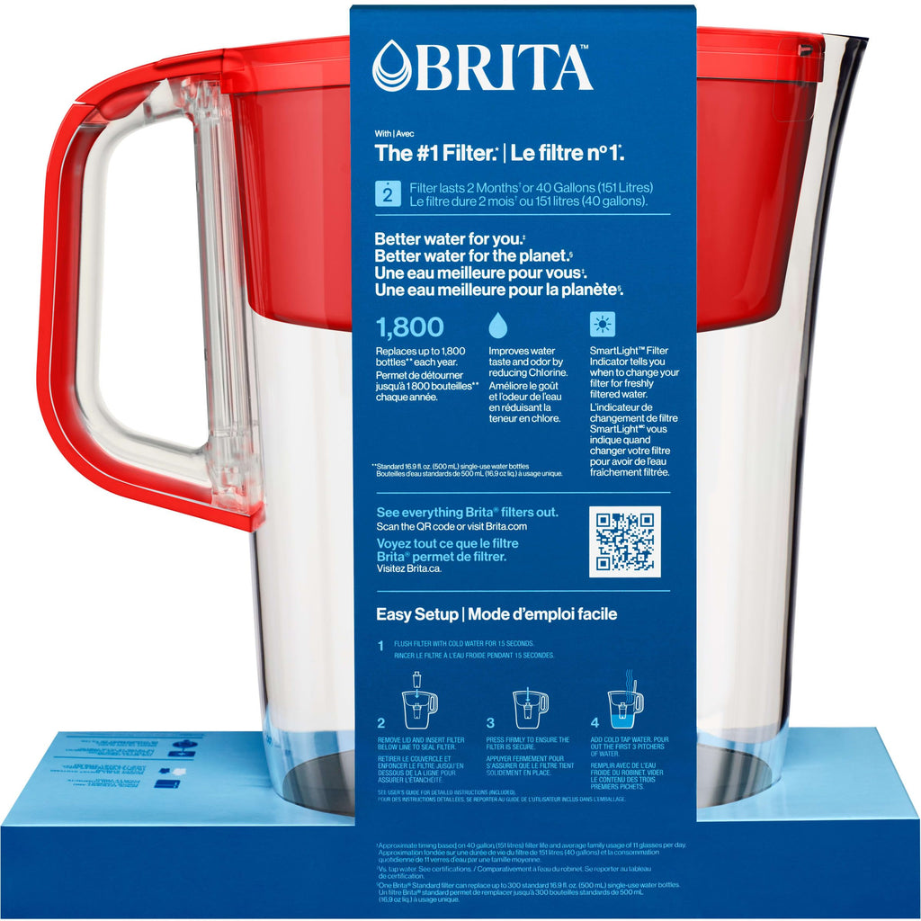 Brita 10 Cup Filter Pitcher with Smart Light Indicator, Reduces Chlorine taste and odour from Tap Water, Filters 151 Litres, Huron, Red