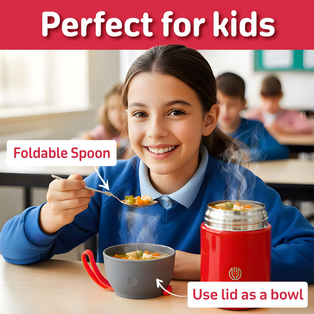 Insulated Food Flask - 530ml Stainless Steel Jar for Hot and Cold Meals – Double-Wall Insulation, Thermal Food Container for School, Office, Travel, Camping - Foldable Spoon, Bag - Red - 24.7 oz