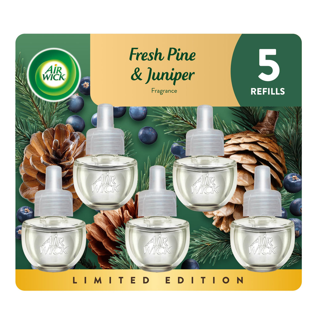 Air Wick Plug in Scented Oil Refill, 5 Ct, Fresh Pine and Juniper, Air Freshener, Essential Oils, Fall Scent, Fall décor