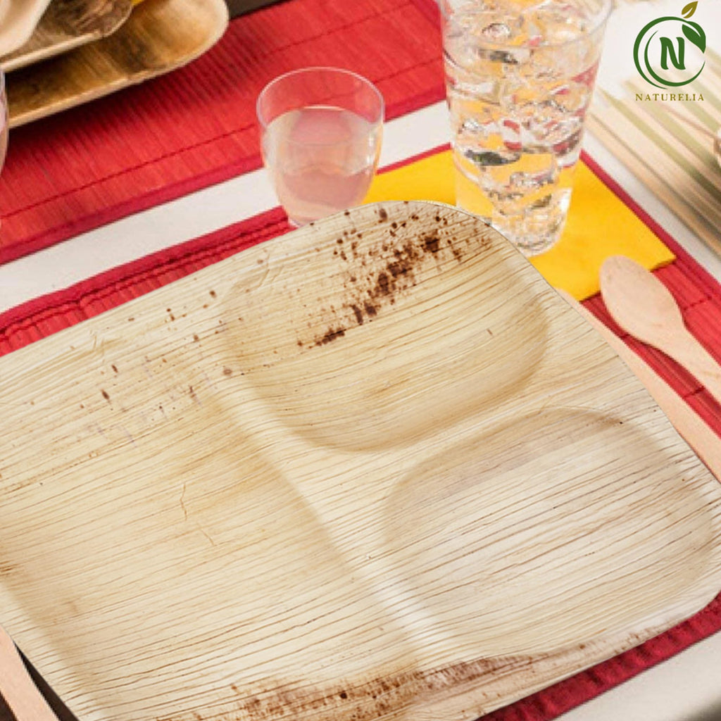 Naturelia Areca Square 9-Inch Plate with 3 Partitions- Eco-Friendly, Biodegradable, Microwave & Oven Safe- Sustainable & Natural Cutlery Ideal for Weddings, Parties, Events