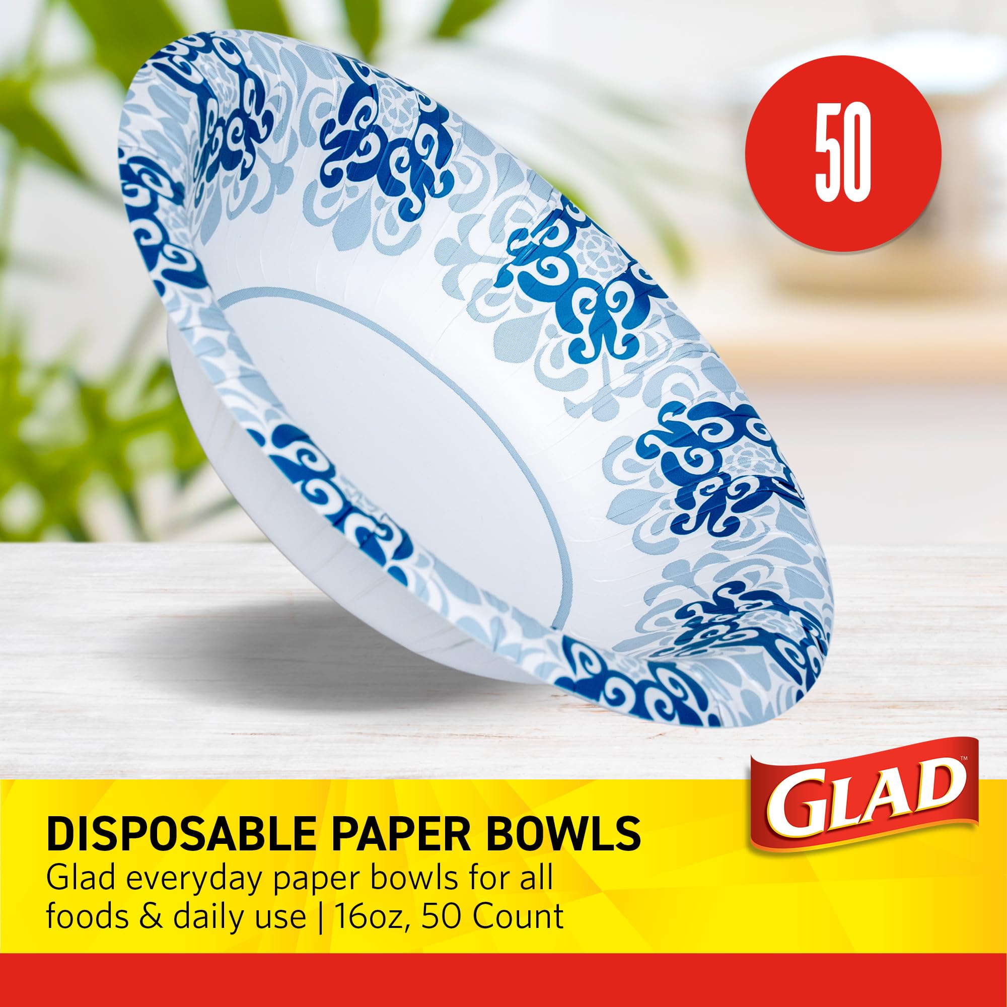 Glad Round Disposable Paper Bowls, Green Victorian Design - Heavy Duty, Soak Proof, Cut-Resistant, Microwavable Bowl for All Foods & Daily Use, 16 Oz, 50 Count