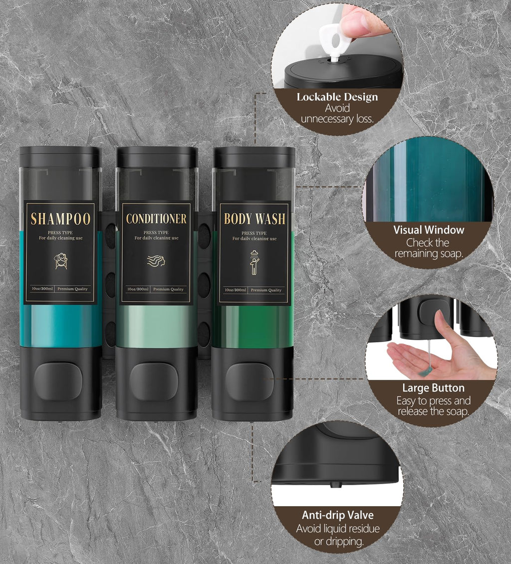 Luxspire Shampoo and Conditioner Dispenser, No Drill Wall Mounted Shower Soap Dispenser 3 Chamber with Waterproof Labels, Easy Refill Soap Dispenser for Bathroom Hotel Kitchen, Black