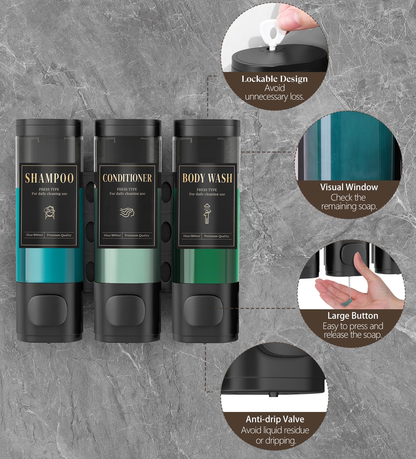 Luxspire Shampoo and Conditioner Dispenser, No Drill Wall Mounted Shower Soap Dispenser 3 Chamber with Waterproof Labels, Easy Refill Soap Dispenser for Bathroom Hotel Kitchen, Black