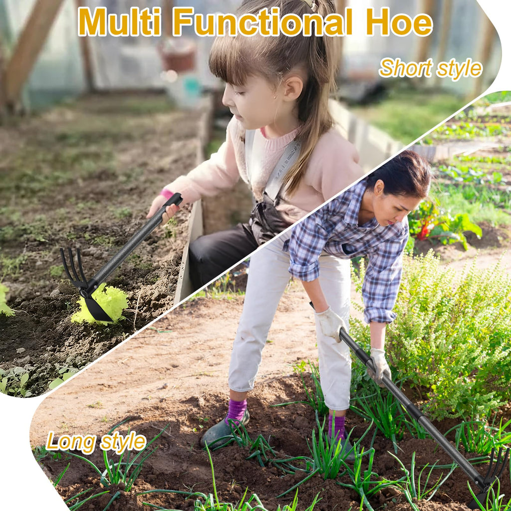 Garden Tool Hoe and Cultivator Hand Tiller with 45inch Adjustable Handle,Heavy Duty Garden Rake with Hoe, Hand Garden Tools Sturdy Sharp