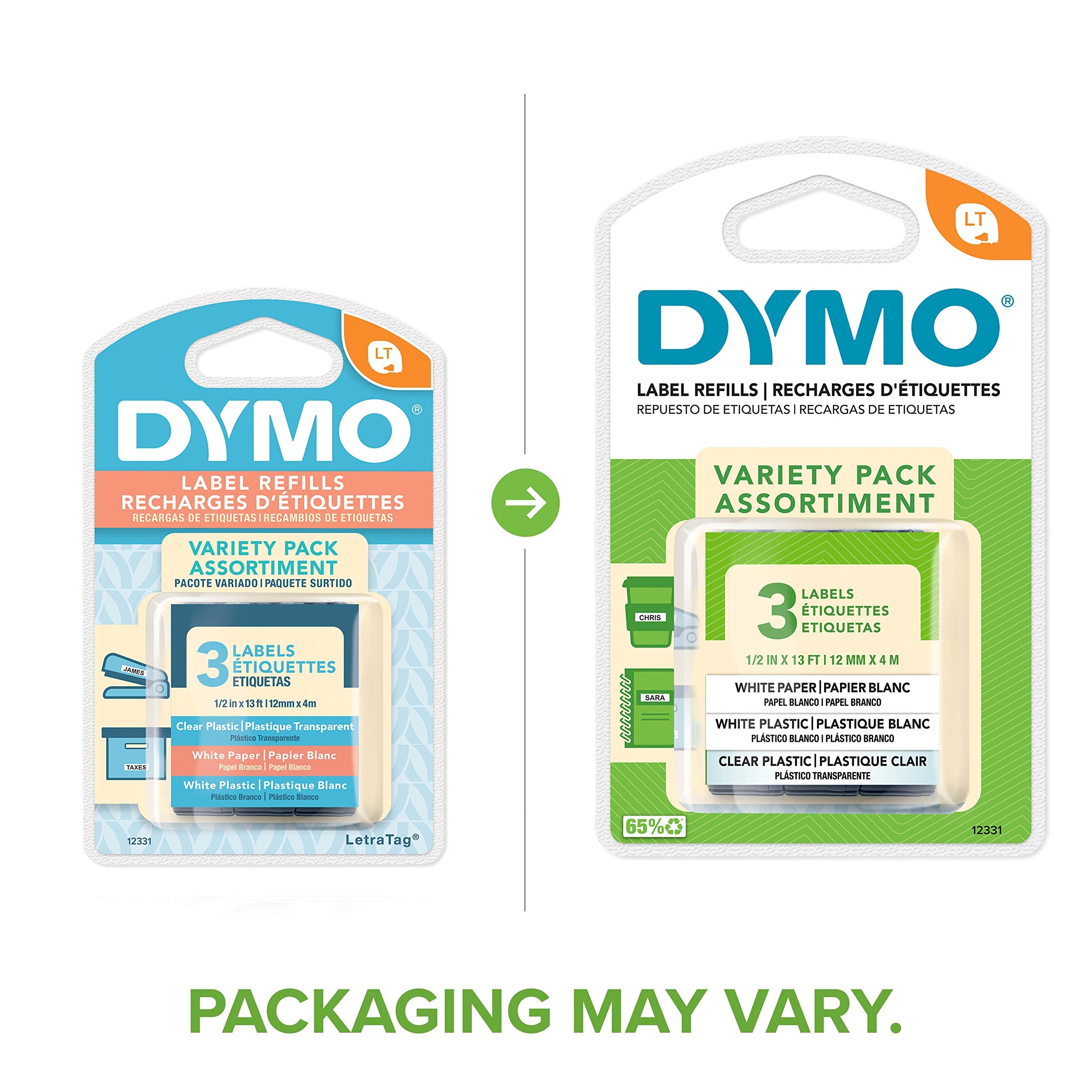 DYMO LT Labels Variety Pack, 1/2" x 13-Foot Rolls, Black Print, 3 Rolls, for LetraTag Label Makers