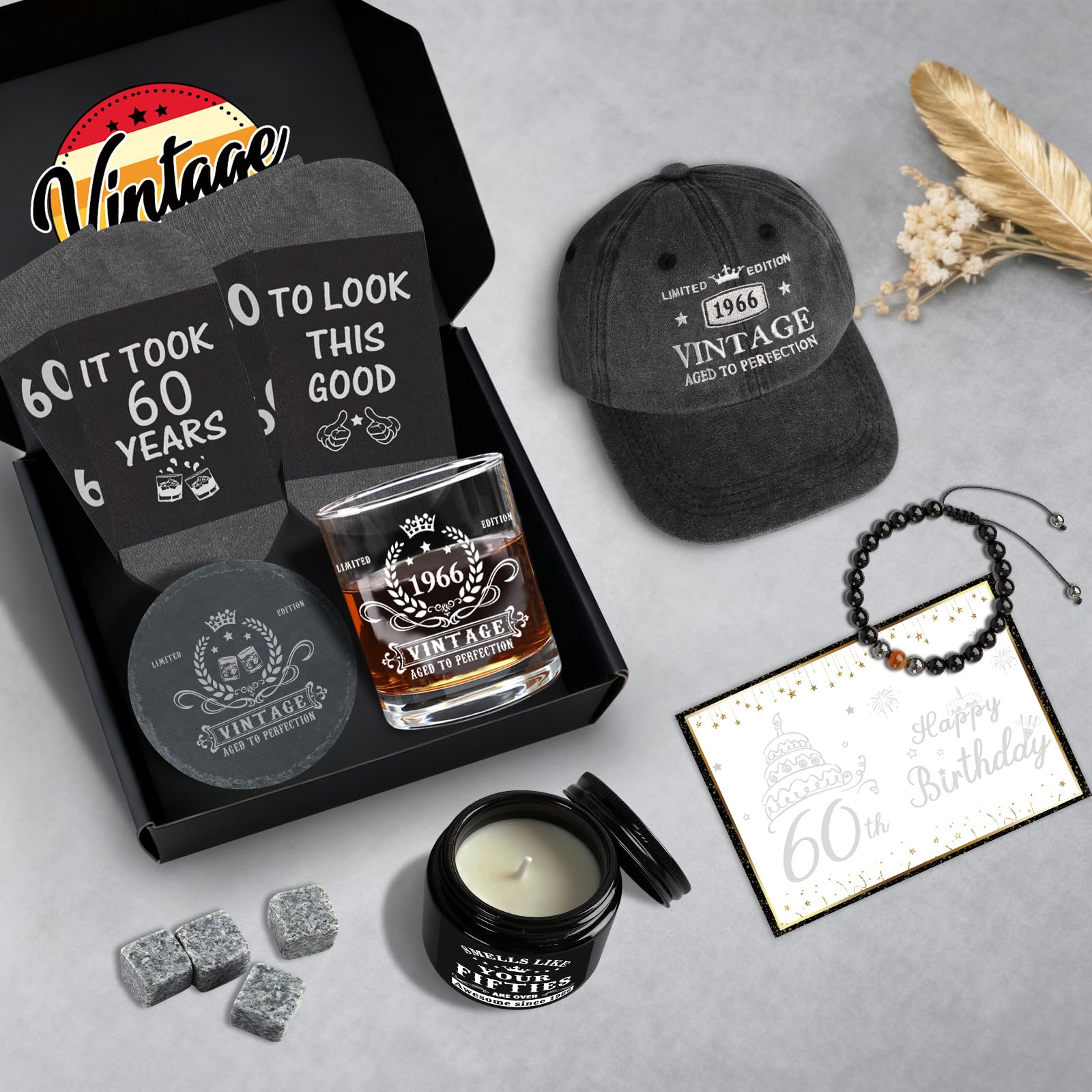 60th Birthday Gifts for Men, Cool 60th Birthday Decorations for Men, 60 Year Old Gifts for Man Who Have Everything, 1966 60th Birthday Gift Baskets for Man Whiskey Glass Baseball Cap Socks Stones
