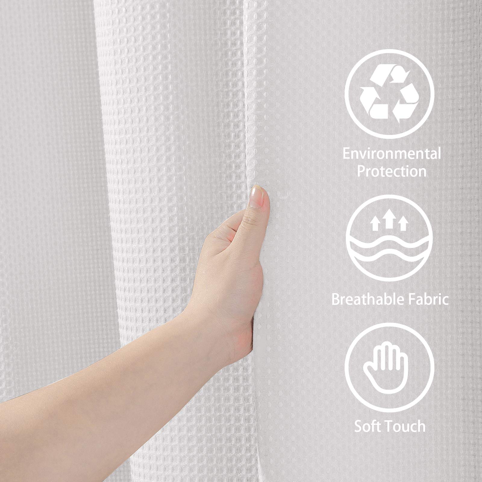 Waffle Weave Shower Curtain with Stainless Steel Hooks - 256 GSM Heavy Duty Fabric Bath Curtains, Hotel Luxury Quality, Water Resistant, Machine Washable, Weighted Hem, 72 x 72 Inches (White)