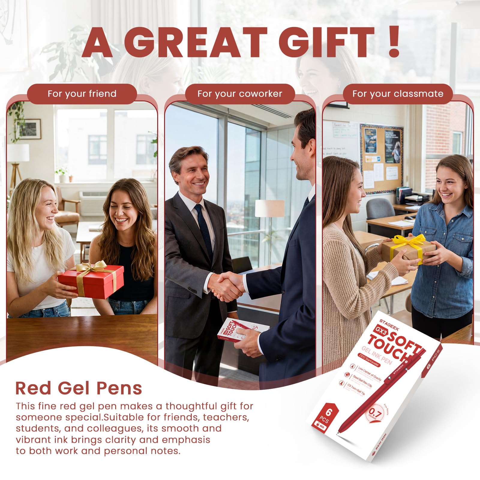 STAGEEK Red Gel Pens GX3, 6Pcs Quick Dry Red Ink Pens with 3 Extra Refills, Fine Point Retractable Smooth Writing Pens for Journaling, Note Taking, School Supplies, Nurse Aesthetic, Office(Red)