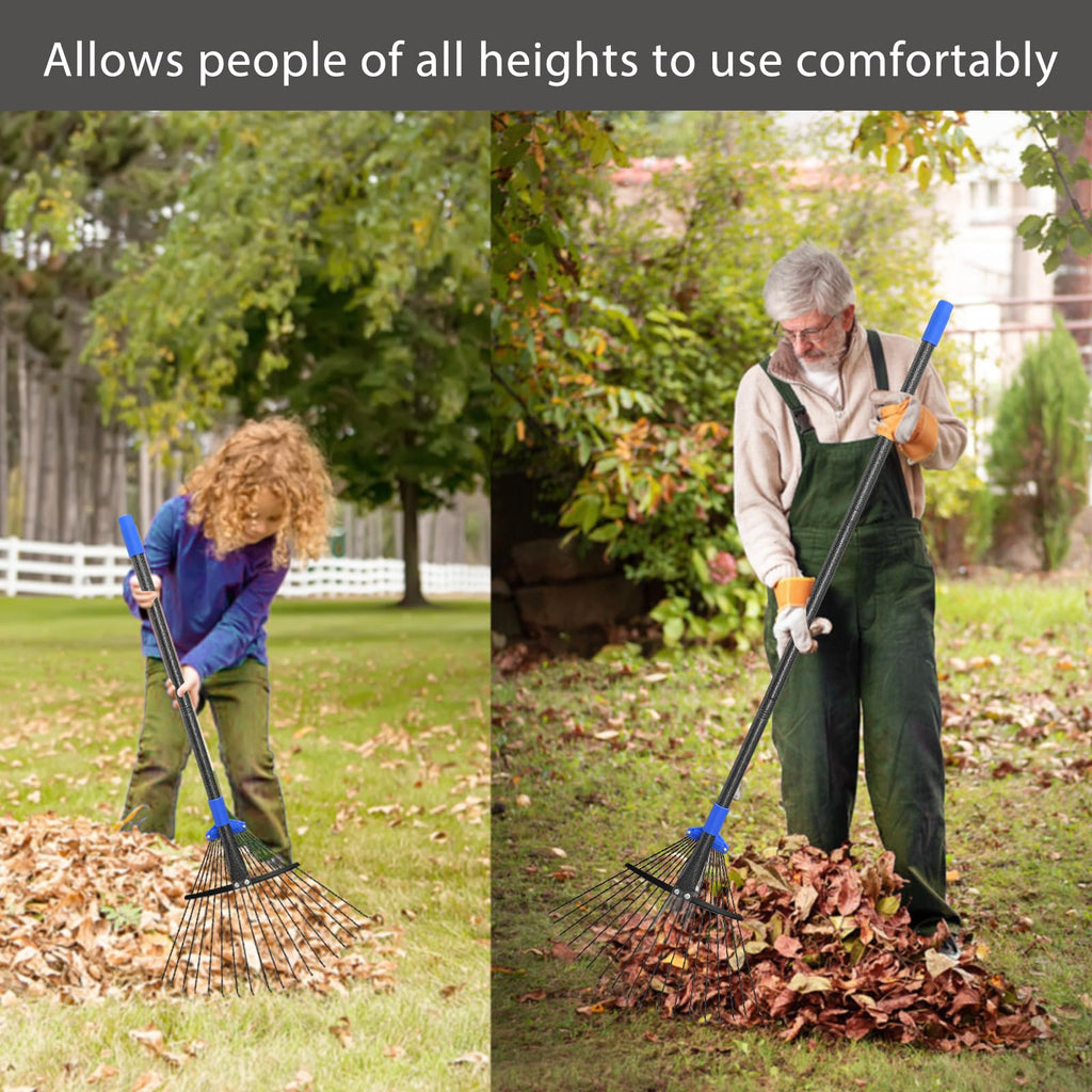 Oliynedy Adjustable Metal Leaf Rake 30-55 inch, Garden Rakes for Lawns Heavy Duty Leaves with Expandable Head 8-17", Yard Women Kids Rake for Gardening RV Camping