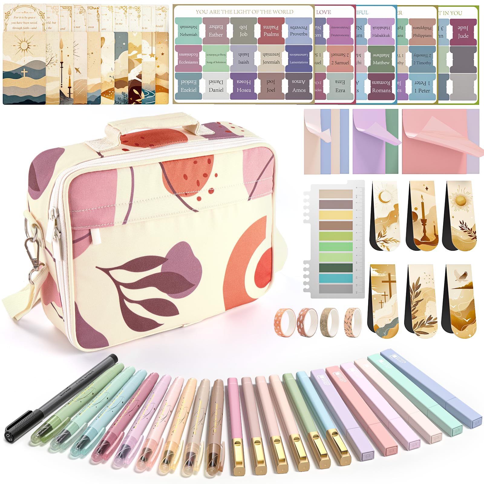 WEMATE 76 PCS Bible Study Supplies with Bible Case, 15 No Bleed Bible Highlighters and Pens, Washi Tape, Transparent Sticky Notes, Prayer Cards, Annotation Journaling Kit Christian Gift for Women