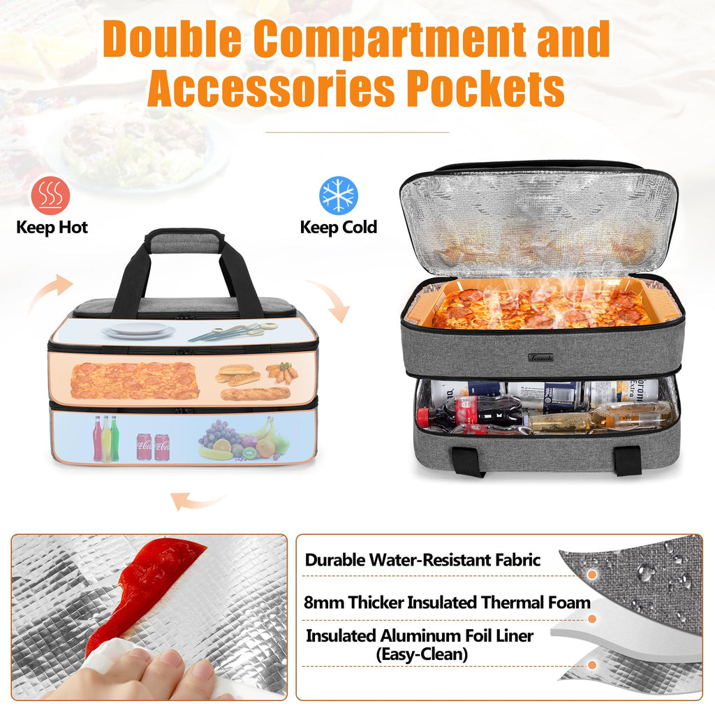 Trunab Double Decker Casserole Carrier for Hot or Cold Food Insulated Thermal Tote Bag for Picnic, Fits 9"×13" Baking Dish, Grey (Patented Design)
