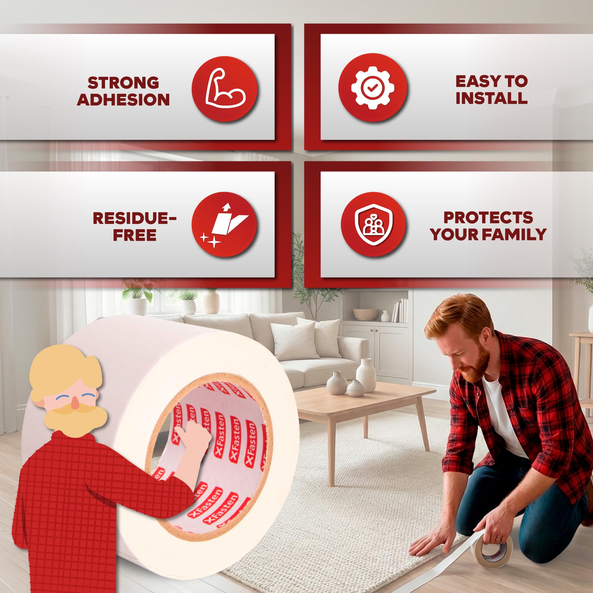 XFasten Double Sided Carpet Tape for Area Rugs 2 Inch x 30 Yards, Residue-Free Carpet Tiles Tape, Removable Heavy-Duty Rug Pad Gripper for Hardwood, Vinyl Flooring Underlayments, Laminate- Wood-Safe