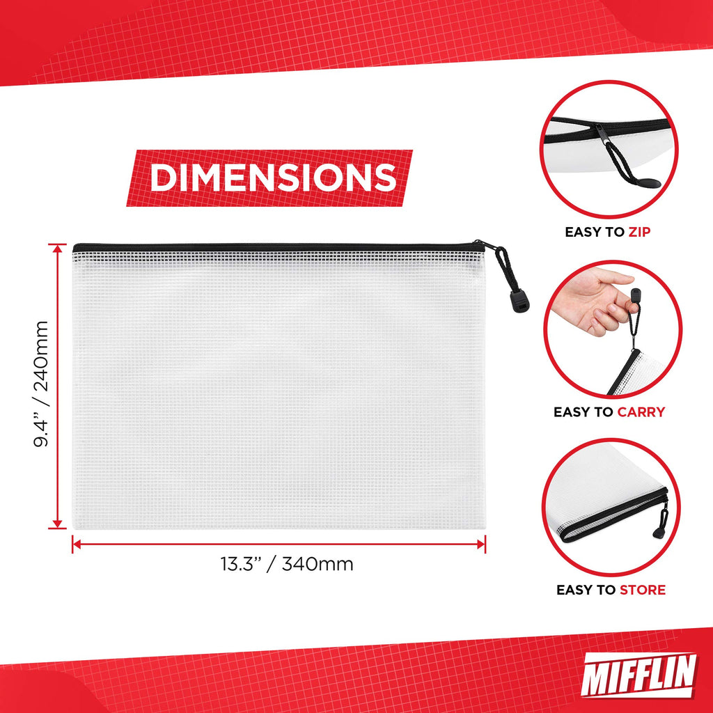 Mifflin Mesh Zipper Pouch Document Bag (Black, A4 Letter Size, 50 Pack), Clear Travel Zipper Bags, Waterproof Plastic Pouches, Large (L) Zip Pouch