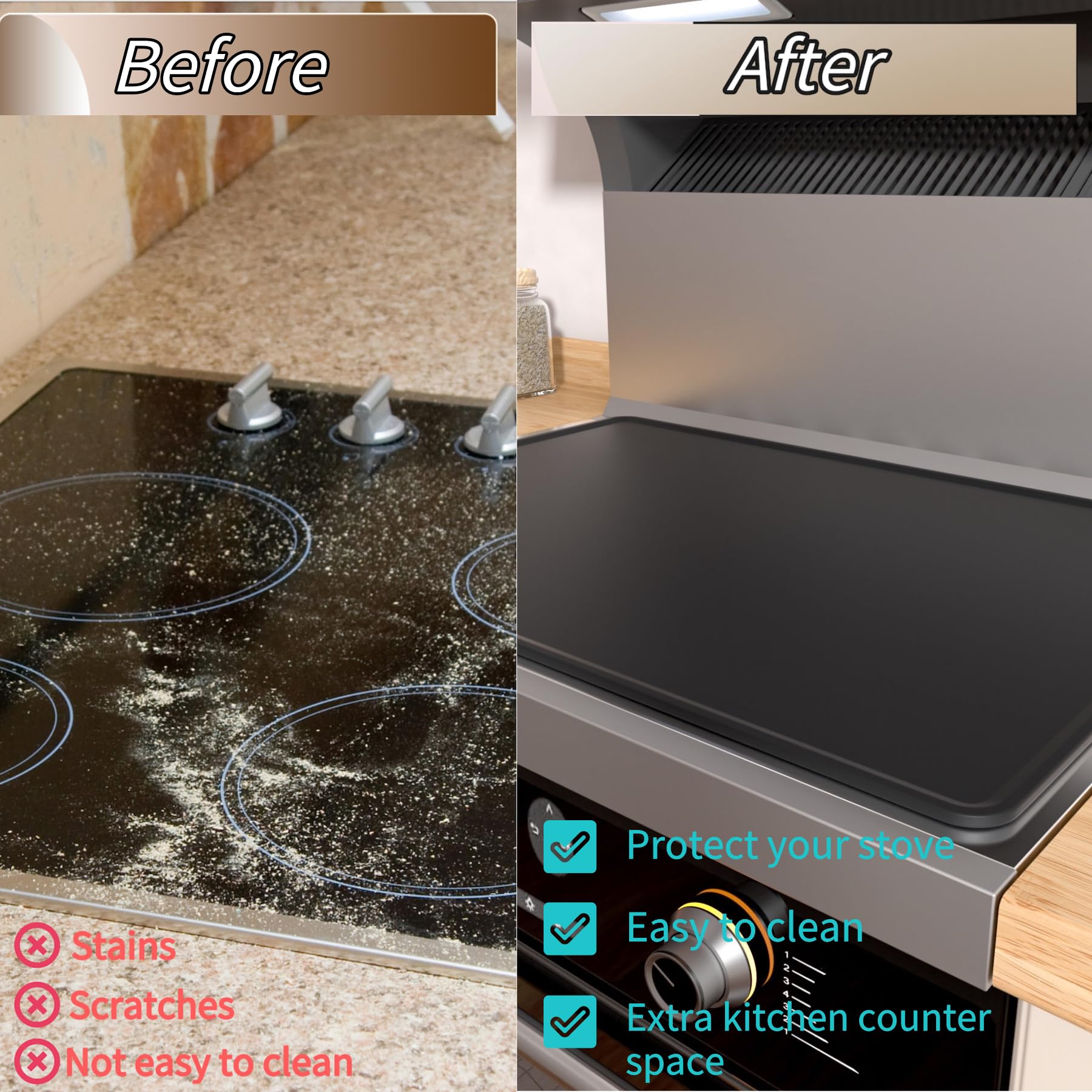 Iycnkok Silicone Stove Top Protector Cover - Upgraded 30" x 21" Cooktop Oven Burner Mat - Glass RV Induction Countertop Protector Dish Drying Mat - Black