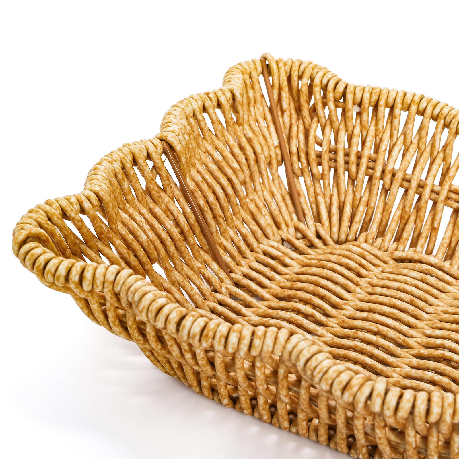 Jucoan 3 Pack Poly Wicker Bread Baskets, Imitation Rattan Fruit Baskets, Rectangular Tabletop Woven Serving Baskets Trays for Fruits Vegetables and Snacks