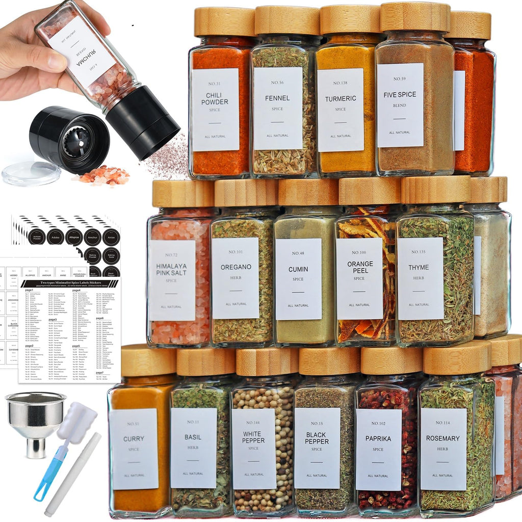 AOOEVAL 24 Pcs Spice Jars with Bamboo Lids and Spice Grinder,4 oz Glass Spice Organizer with 336 Spice Labels, Spice Funnel,Chalk and Brushes,Containers Bottles Great for Spice & Herb
