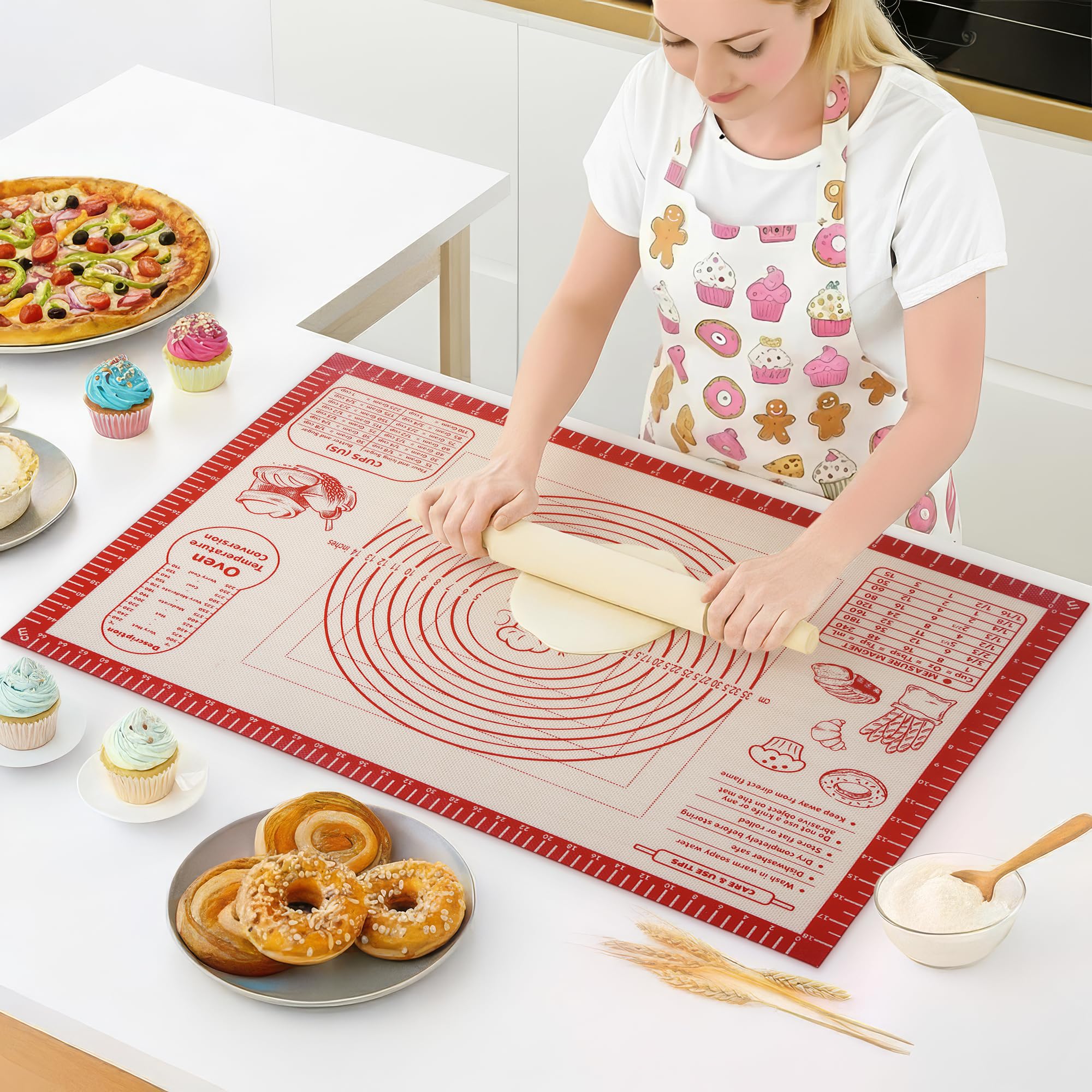 Silicone Baking Pastry Dough Mat - Non Slip Rolling Mat with Measurement Guides, Thick Reusable Kneading Board for Bread, Pizza, Cookies, Fondant, Nonstick Baking Sheet for Kitchen Counter, 20x28inch
