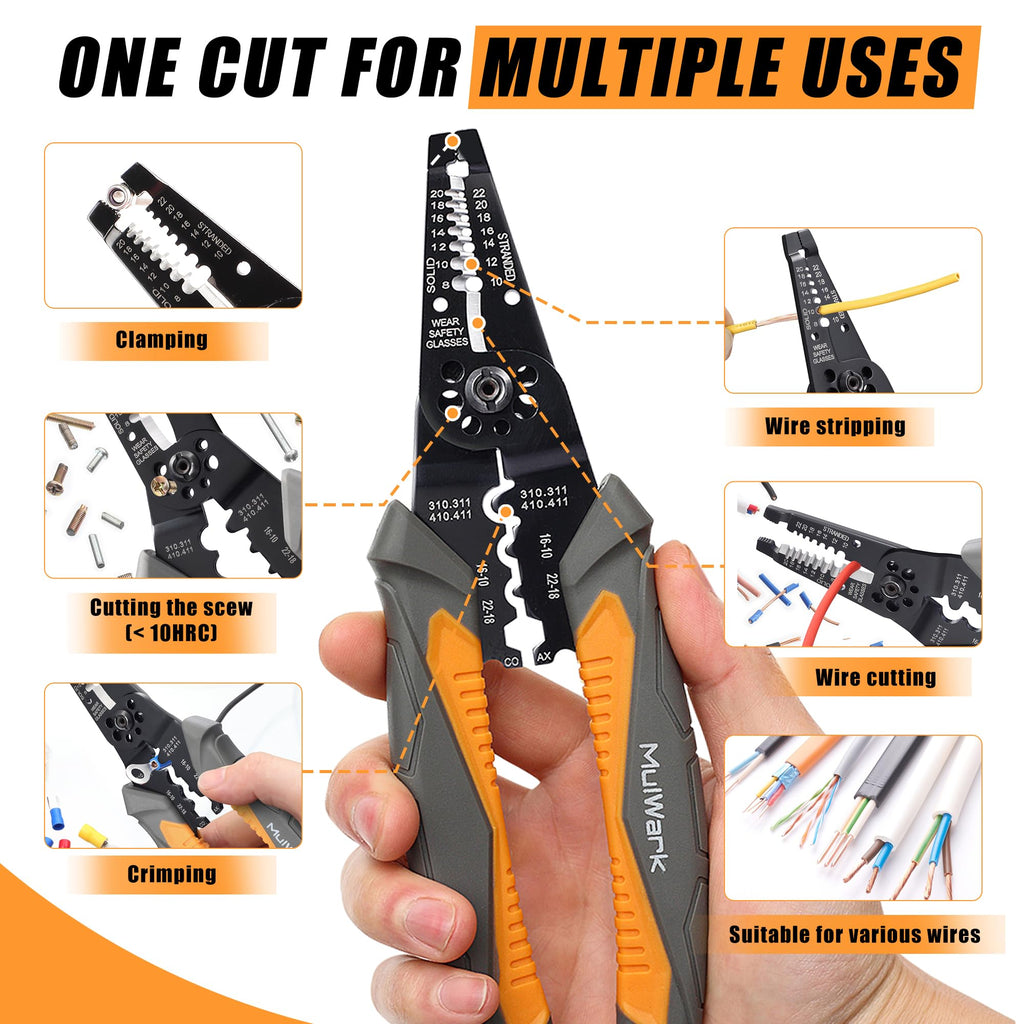 MulWark Upgraded 8" Heavy Duty Multi-Purpose Electrical Wire Stripping Tool (22 AWG - 8 AWG) Strippers, Snips, Crimpers & Pliers Insulated with Cutter, Best Tool for Professional Electrician