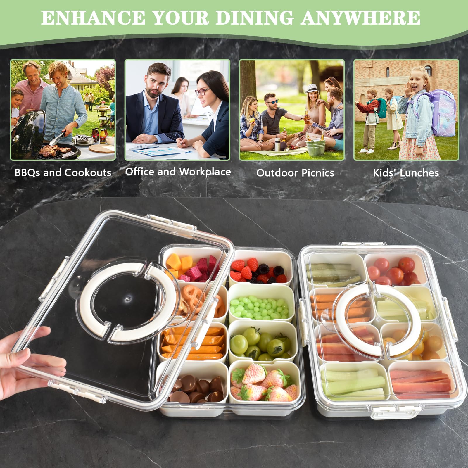 Artcome Sealed Divided Serving Tray with Handle, 8 Compartments, & Carry Bag - Ideal for Organizing and Carrying Snacks and Appetizers - Perfect for Outdoor Dining, Picnics, BBQs, Gatherings & Leisure