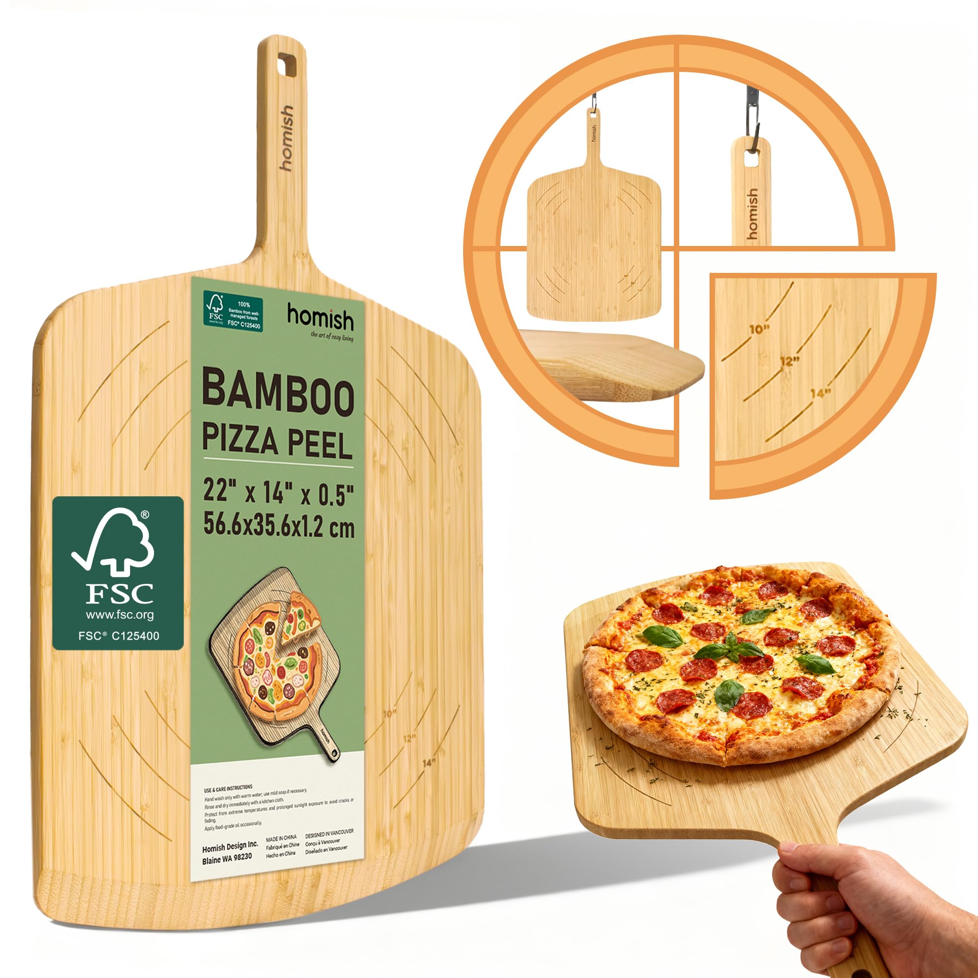 Homish Bamboo Pizza Peel with Size Markings – 10”,12”,14 inch Wood Pizza Paddle Turner with Easy-Grip Handle for Sliding in Oven | Non Stick Board for Homemade Baking,Serving, Cutting Bread & Pastries