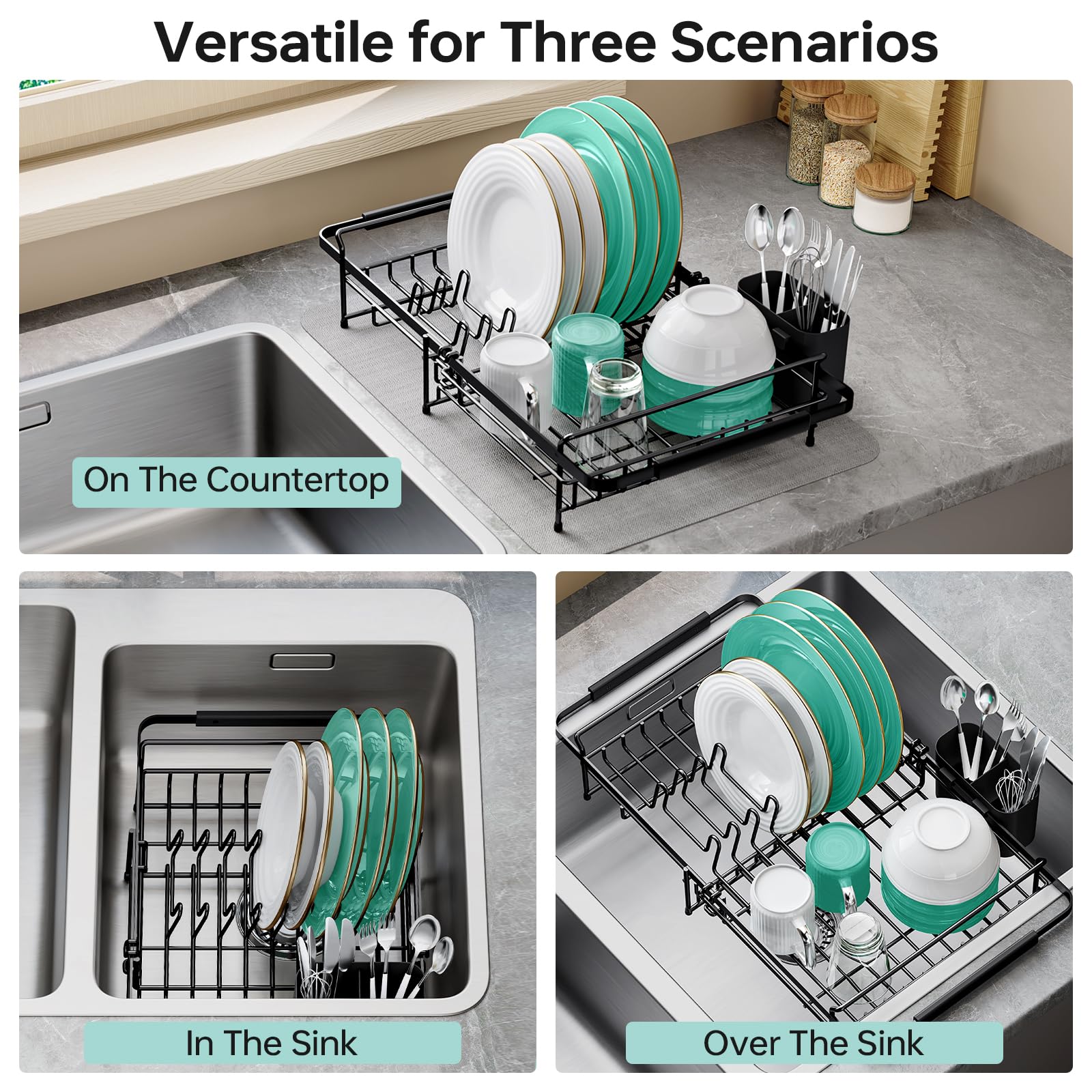 Expandable-Sink-Dish-Drying-Rack with Utensil Holder for Kitchen Counter, in Sink and Over The Sink, Rust Resistant, Black