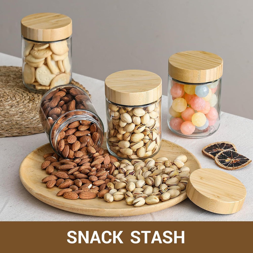 POLCANUR Glass jars with Bamboo Lids 4 pack,16oz Overnight Oats Containers, Reusable Wide mouth Salad jars, Glass Food Storage Containers for Snacks Yogurt Spice Sugar