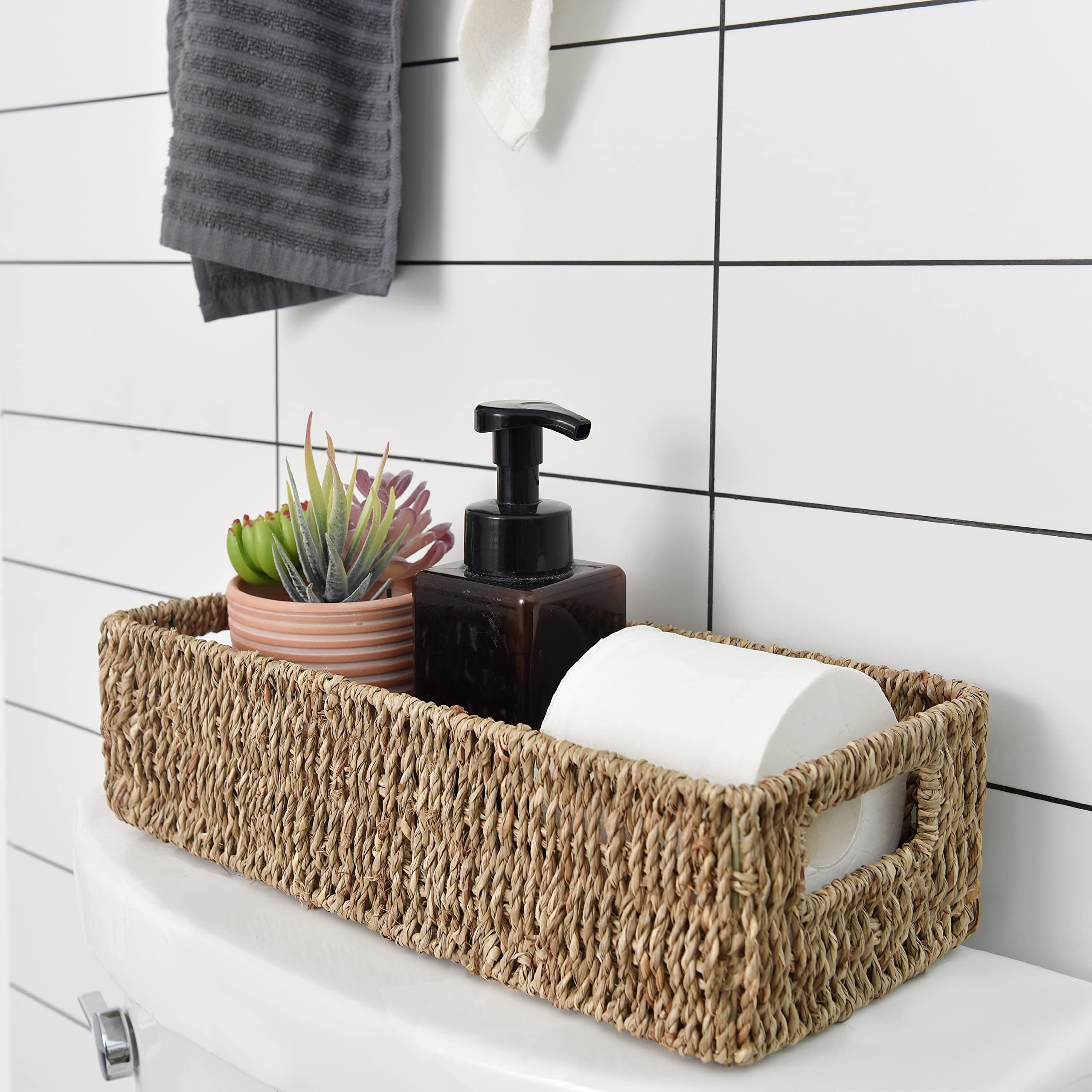 StorageWorks Seagrass Baskets with Built-in Handles, Bathroom Decor Box for Toilet Tank Top, 14"L x 6 "W x 3"H