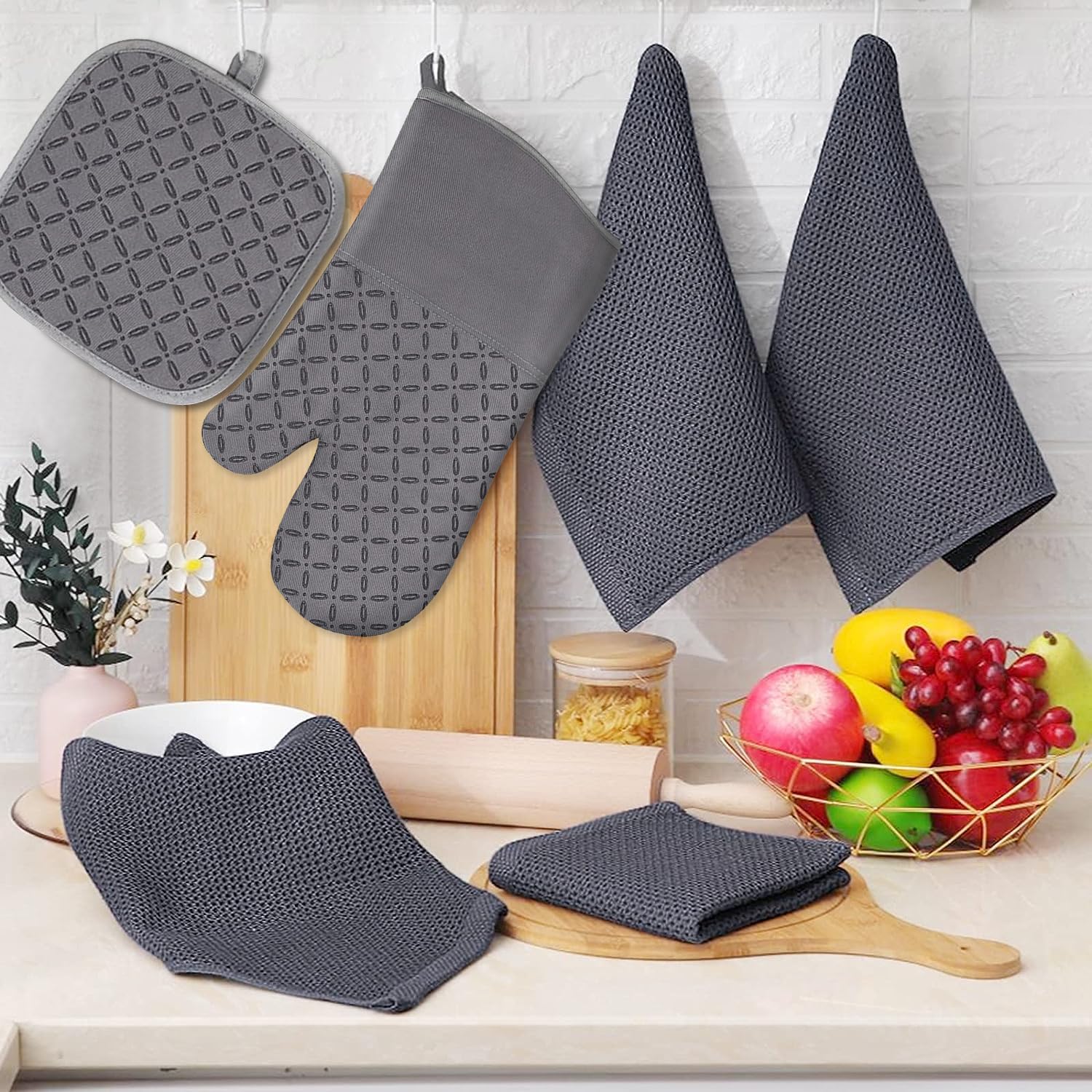 HYER KITCHEN 100% Cotton Waffle Weave Kitchen Dish Towels, Super Soft Absorbent Quick Drying Cleaning Towel, 13x28 Inches, 4-Pack, Dark Grey