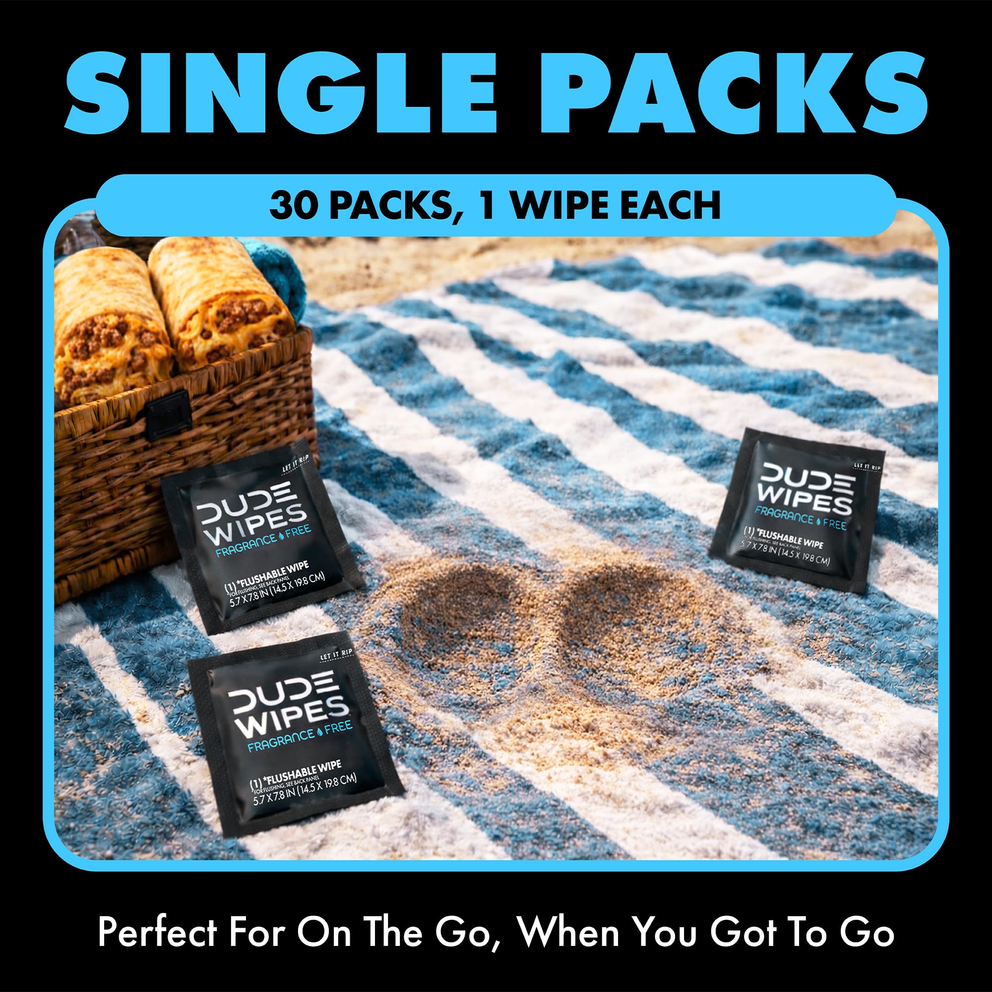 DUDE Wipes Flushable Wet Wipes (2 Packs, 30 Wipes Each) Individually Wrapped for Travel, Unscented Wet Wipes with Vitamin-E & Aloe, Septic and Sewer Safe