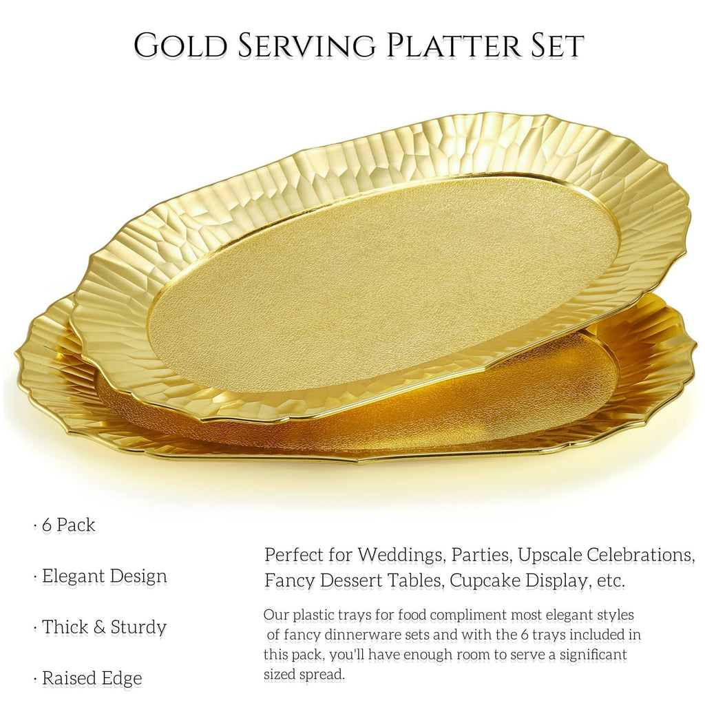AVLA 6 Pack Gold Plastic Serving Platters, Reusable Party Snack Trays, Decorative Food Appetizer Platters for Dessert Table, Cupcake, Charcuterie, Cookies, 14" x 8.5"