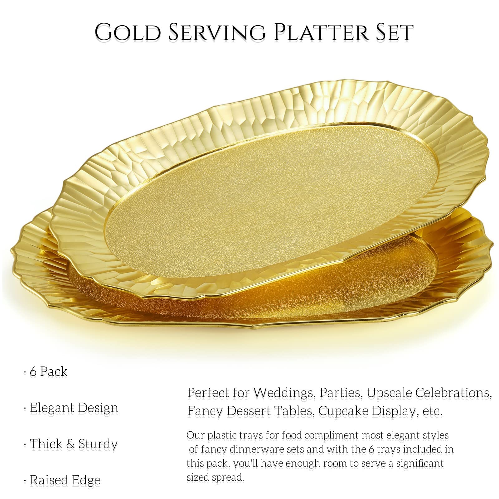 AVLA 6 Pack Gold Plastic Serving Platters, Reusable Party Snack Trays, Decorative Food Appetizer Platters for Dessert Table, Cupcake, Charcuterie, Cookies, 14" x 8.5"
