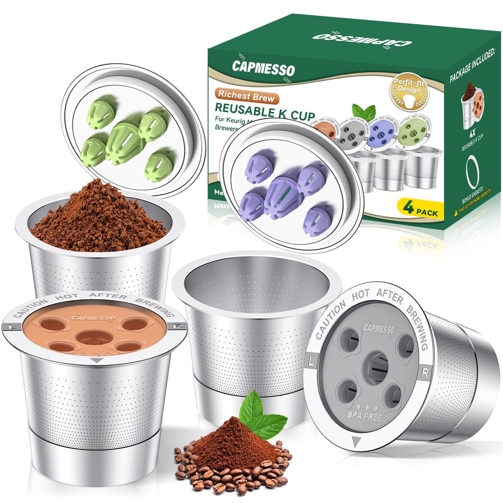 CAPMESSO Reusable K Cups for Keurig: 2025 Updated My K Cup Metal Coffee Filter Refillable Coffee Pods with 5 Holes - for K Supreme/K Slim/K-Duo Gen2/K-Brew Chill with MultiStream Technology (4 Pack)