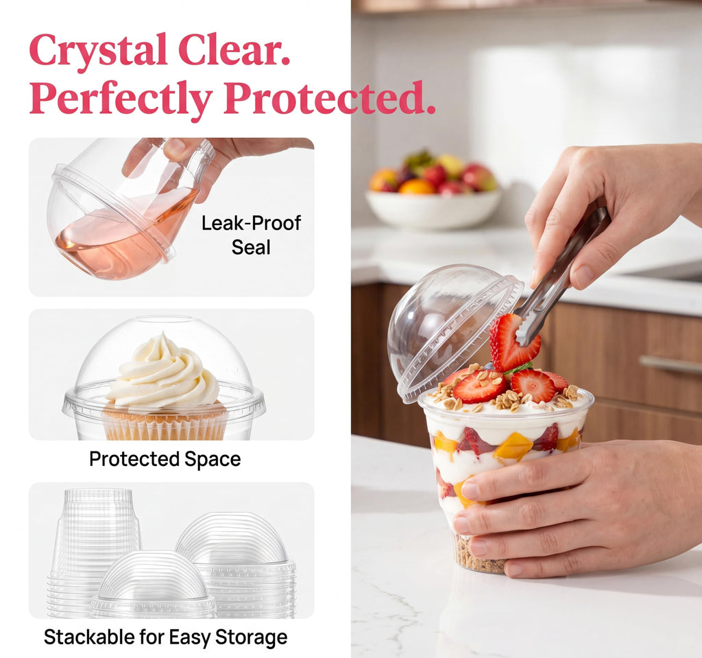 Lyellfe 100 Pack Dessert Cups with Dome Lids, 12 Oz Clear Plastic Cups, BPA Free Reusable Parfait Ice Cream Snack Cups for Pudding, Fruit, Cupcake, Iced Cold Drinks