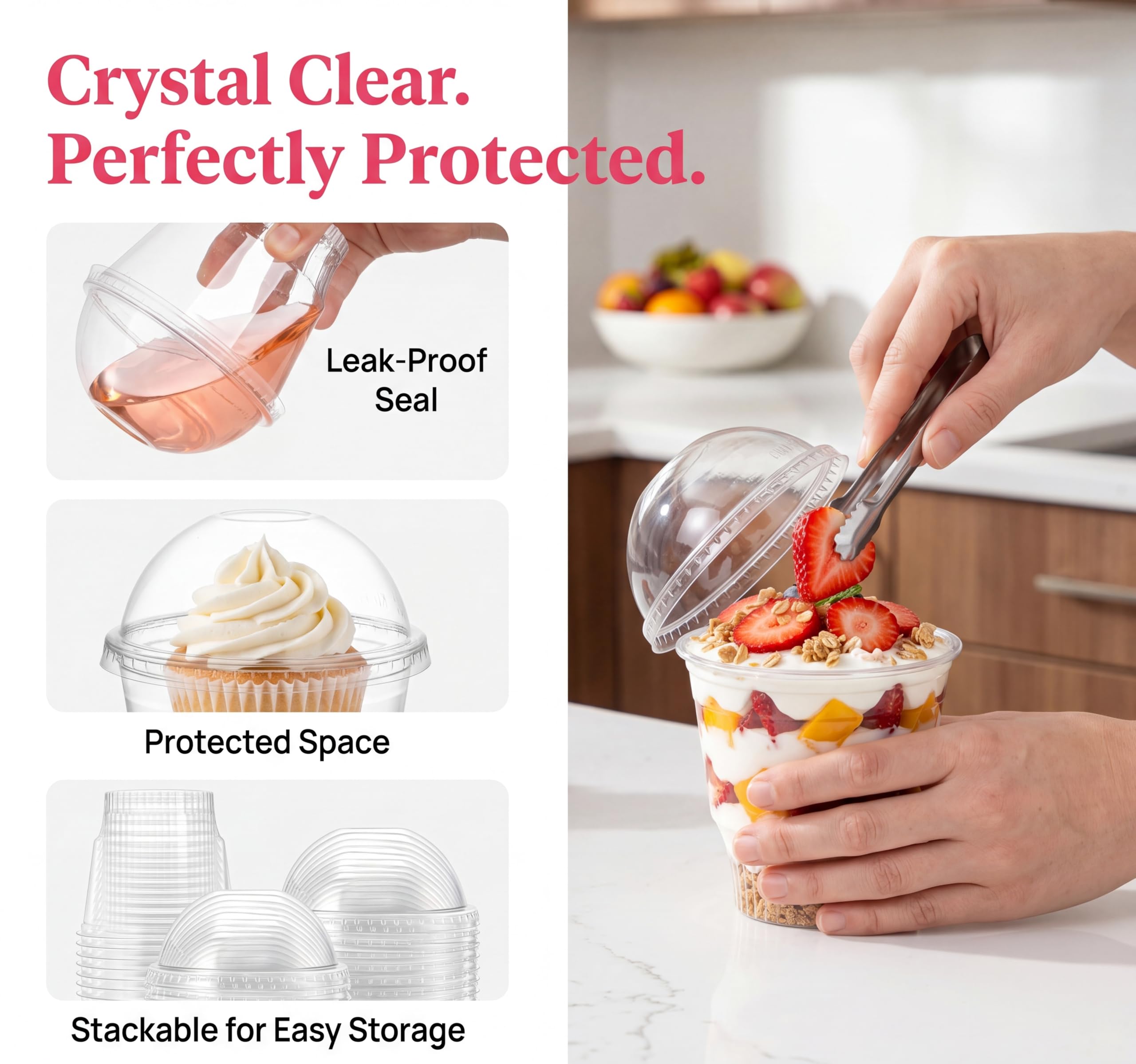 Lyellfe 100 Pack Dessert Cups with Dome Lids, 12 Oz Clear Plastic Cups, BPA Free Reusable Parfait Ice Cream Snack Cups for Pudding, Fruit, Cupcake, Iced Cold Drinks