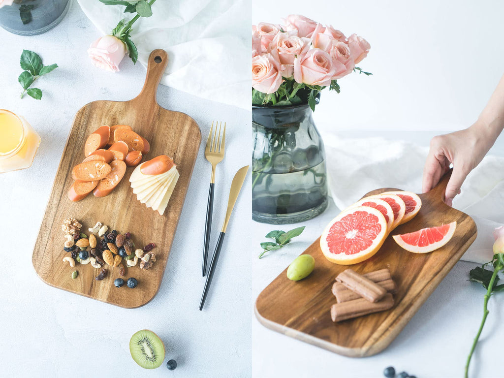 Bill.F Acacia Wood Cutting Board with Handle Wooden Charcuterie Board Paddle Cheese Board Serving Boards for Kitchen Meat, Pizza,Cheese, Bread, Vegetables &Fruits 15'' x 7.5'' x 0.6''