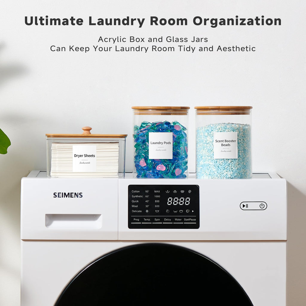 Glass Laundry Pods Container & Acrylic Dryer Sheet Holder with Bamboo Lids, Scoops & Labels | Premium Laundry Room Organization and Storage for Detergent Pods, Powder, Dryer Balls & Beads