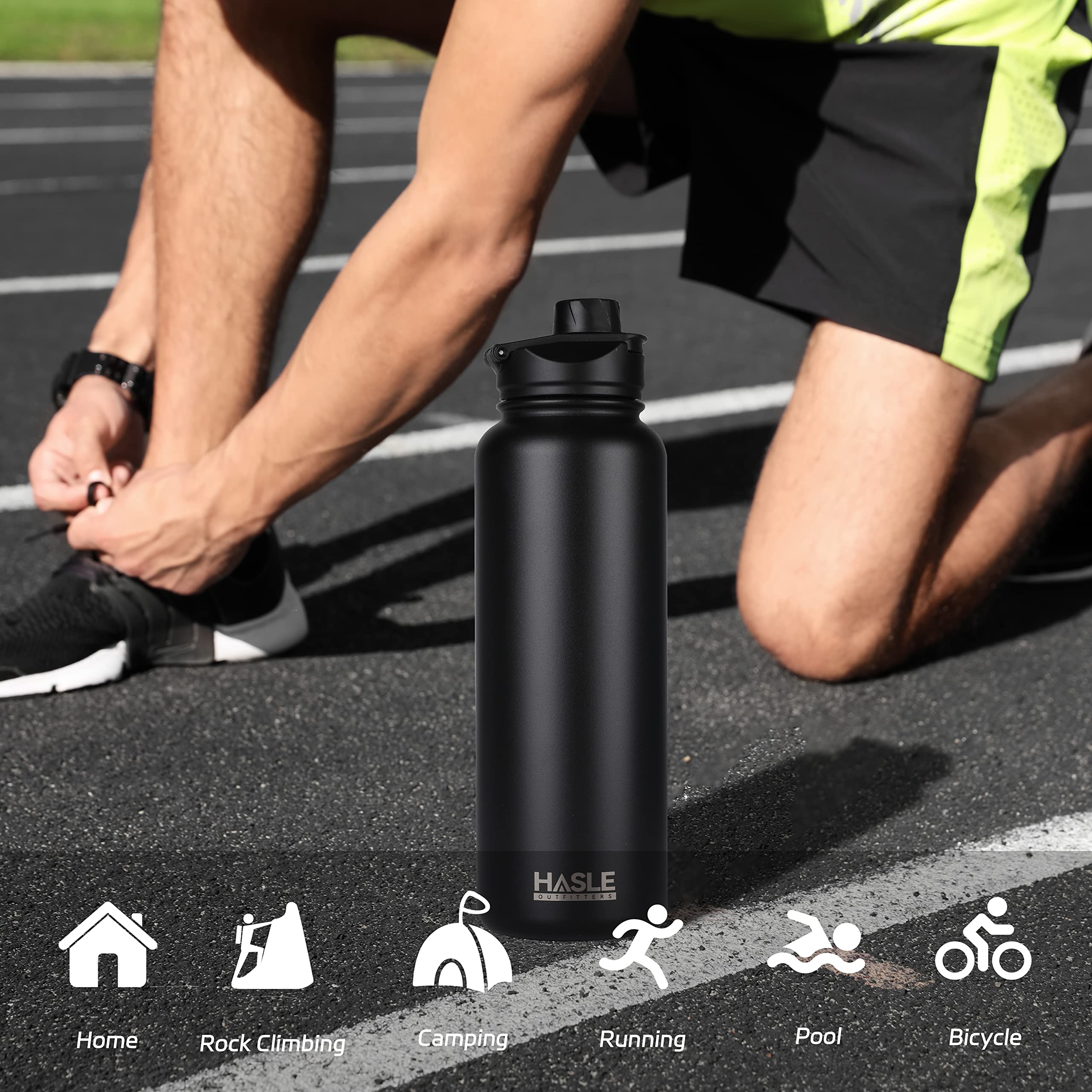 HASLE OUTFITTERS 40oz Stainless Steel Water Bottle, Vacuum Insulated Double Walled Leak Proof Sports Water Bottle with 2 Lids (Straw and Spout Lid) Thermo Mug Keep Cold and Hot(Black,1)