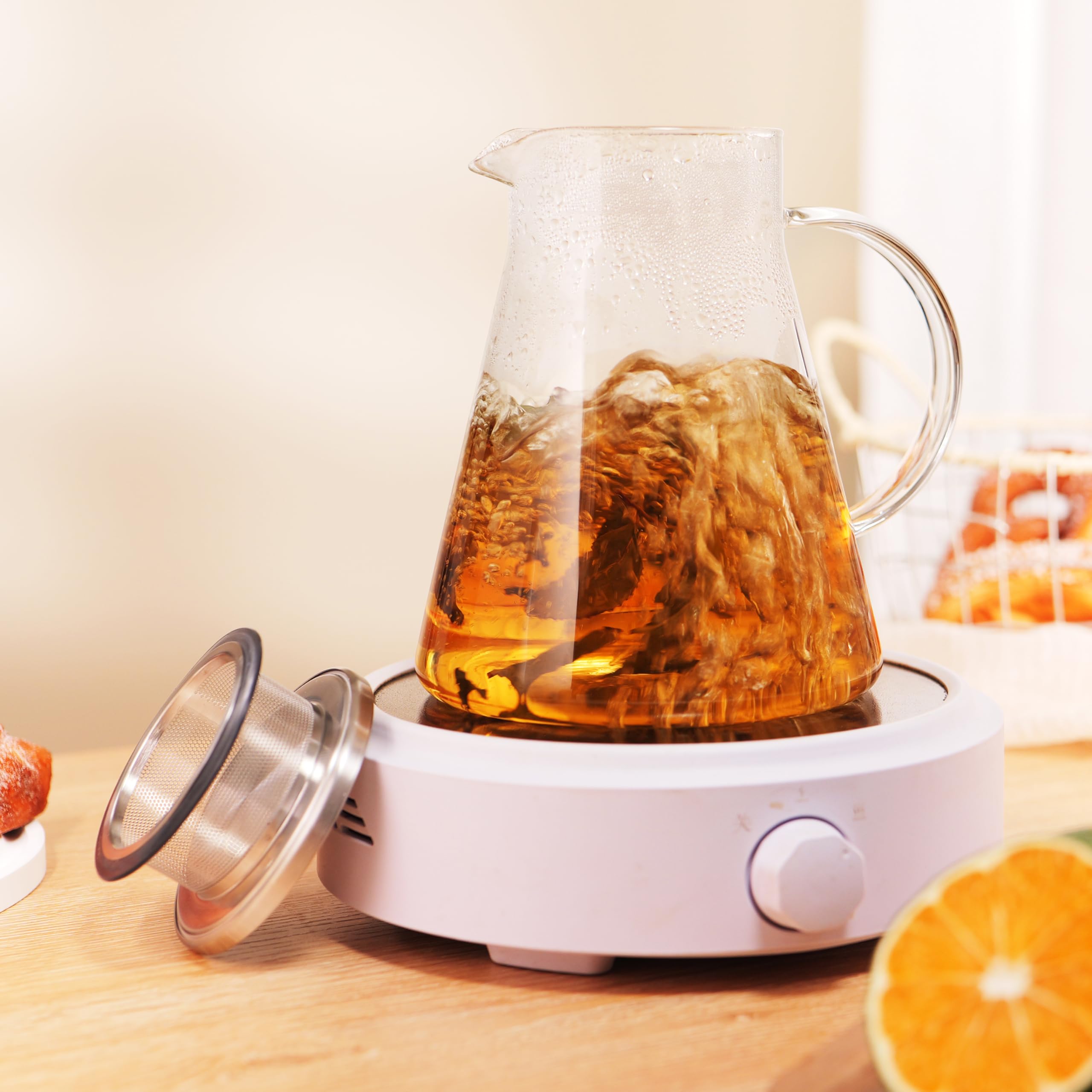 CNGLASS 40oz/1200ml Glass Teapot Stovetop Safe,One-Touch Clear Tea Kettle,Blooming and Loose Leaf Tea Maker Set
