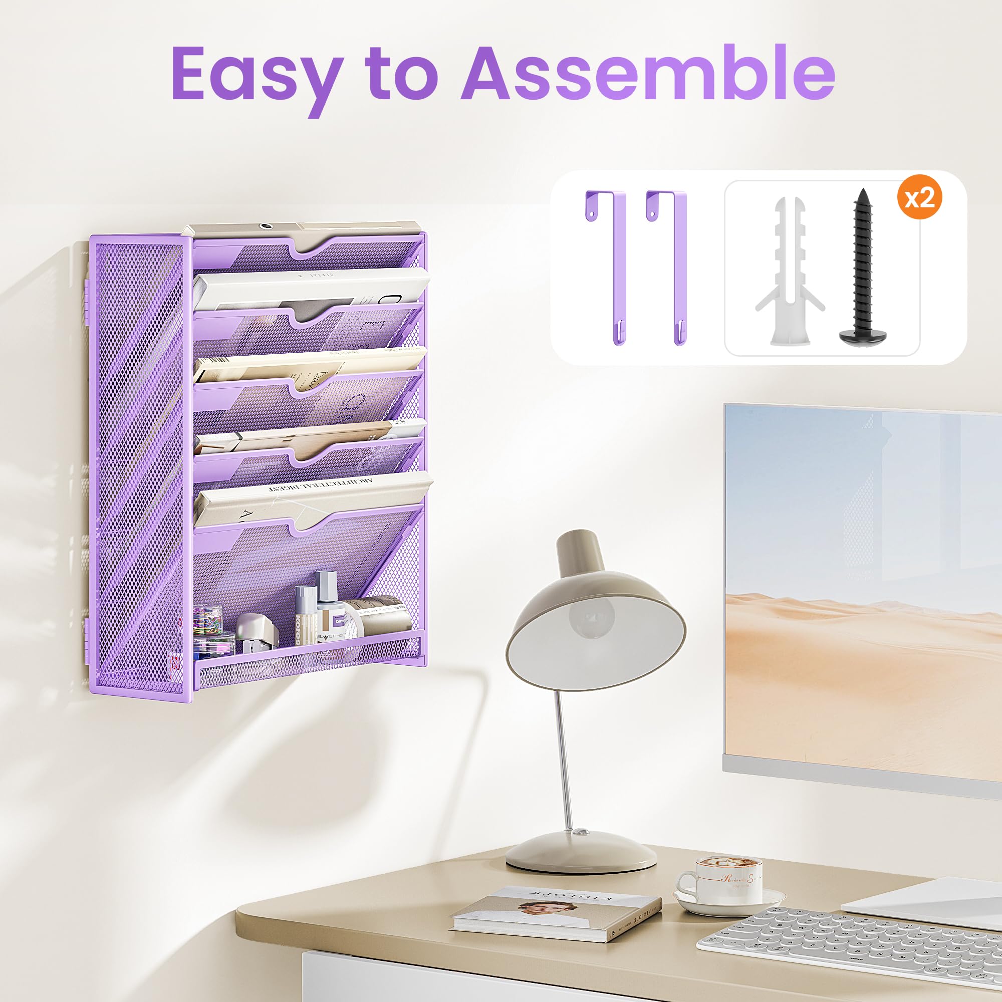 SUBEKYU File Organiser, 6-Tier A4 Wall Mounted Magazine File Holder for Mails Folders Papers, Vertical Document Organiser for Office Home - Purple