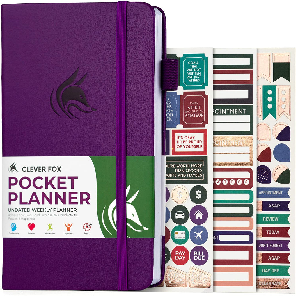 Clever Fox Pocket Planner Weekly – Undated Monthly Goal Planner and Calendar for Increasing Productivity, Mini Planner Perfect for Purse, Size: 3.7" x 6.7", Start Anytime, Lasts 1 Year – Purple