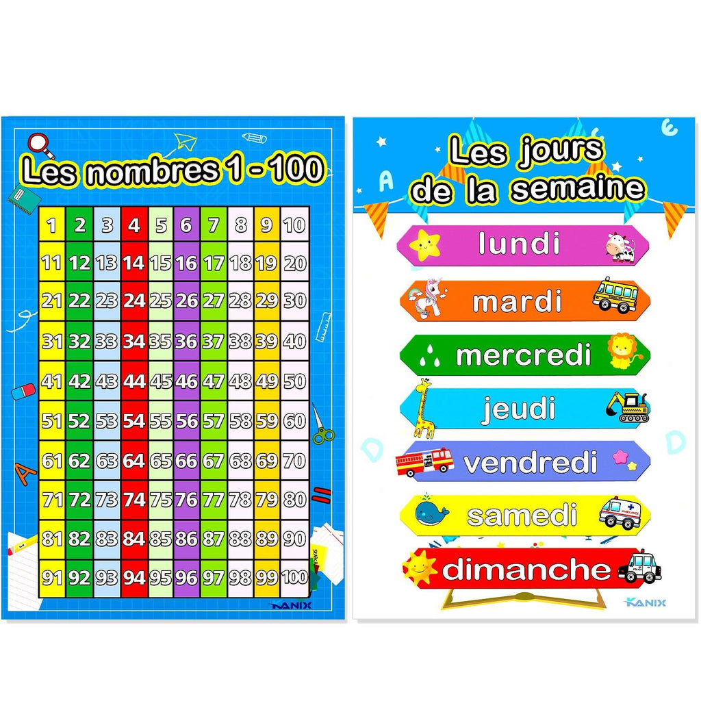 8 French Educational Preschool Posters Alphabet Numbers Colours Months Seasons Shapes Weather Days Weeks for Toddlers Kids Nursery Homeschool Kindergarten School Classrooms ABC kid Affiches éducatives en français canadien(11 x 17 in.)