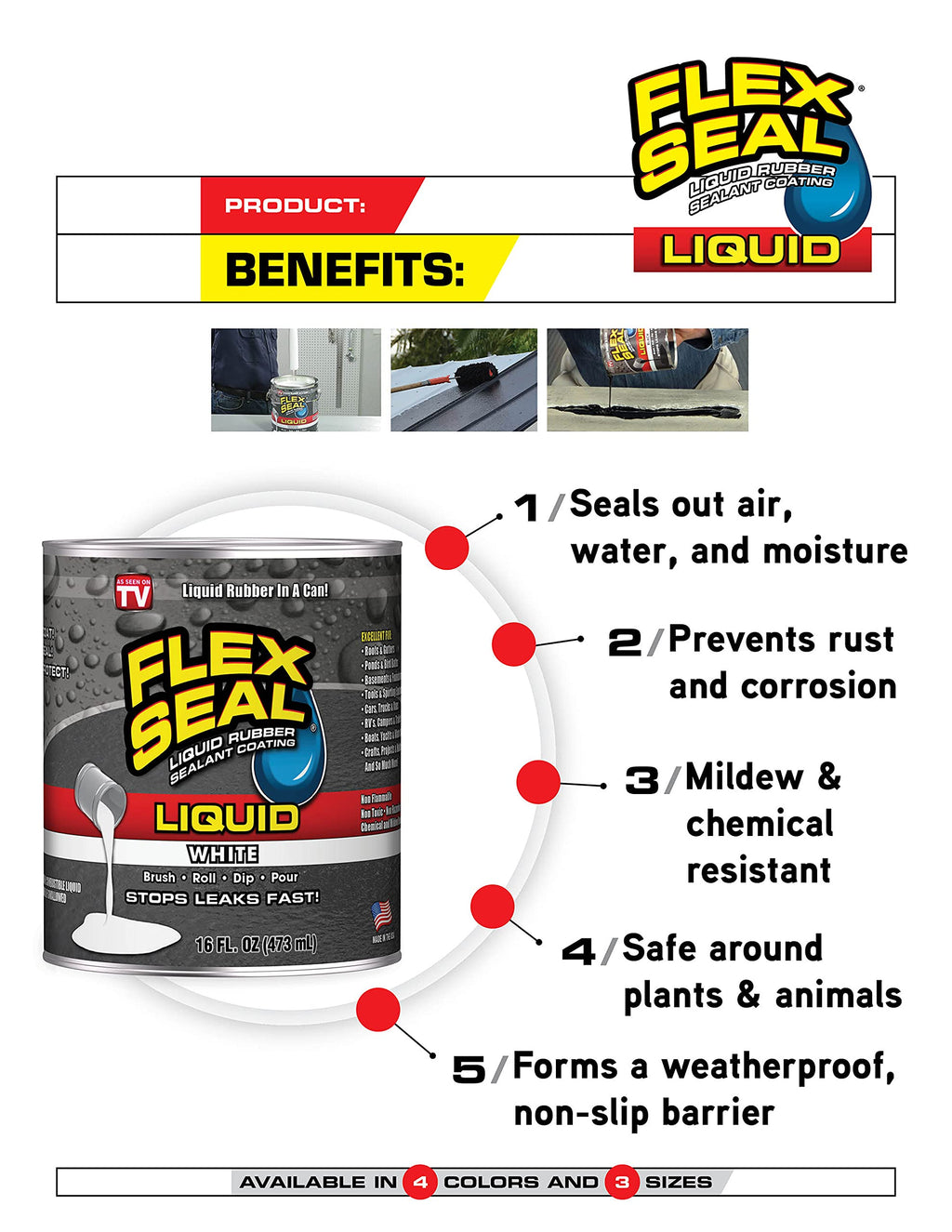 Flex Seal Liquid - Waterproof Rubber Seal, Patch Leaks, Repair Multi-Surface Indoor & Outdoor; Thick Coating Great for Roofs, Cracks, Gutters, Concrete, Basements, Foundations, Clear, 16 oz (473 mL)