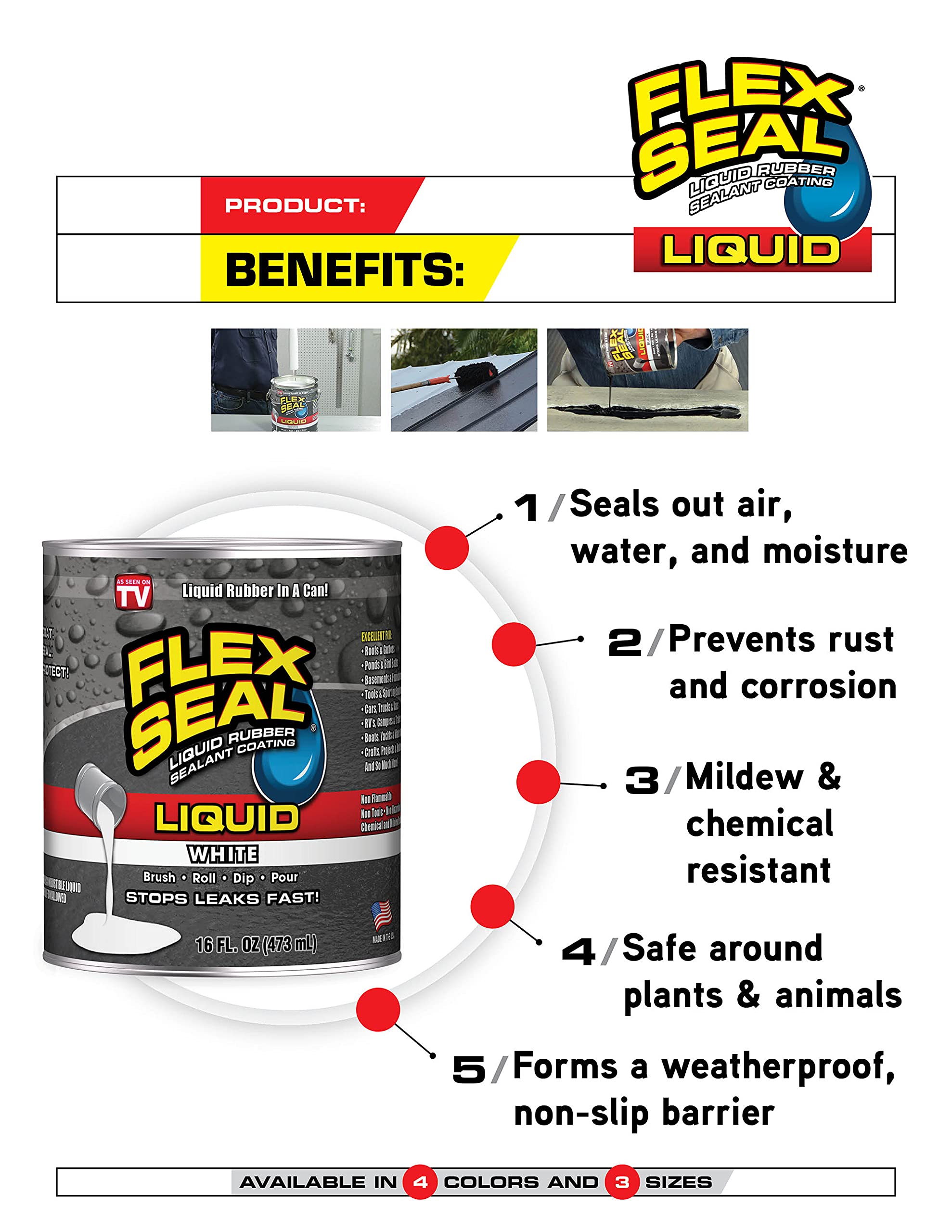 Flex Seal Liquid - Waterproof Rubber Seal, Patch Leaks, Repair Multi-Surface Indoor & Outdoor; Thick Coating Great for Roofs, Cracks, Gutters, Concrete, Basements, Foundations, Clear, 16 oz (473 mL)