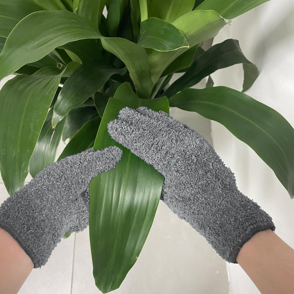 Ikosora 3 Pairs Microfiber Dusting Gloves, Plant Cleaning Reusable Microfiber Mitt for House, Car Blinds Cleaning Gloves, Grey, Green, Camel