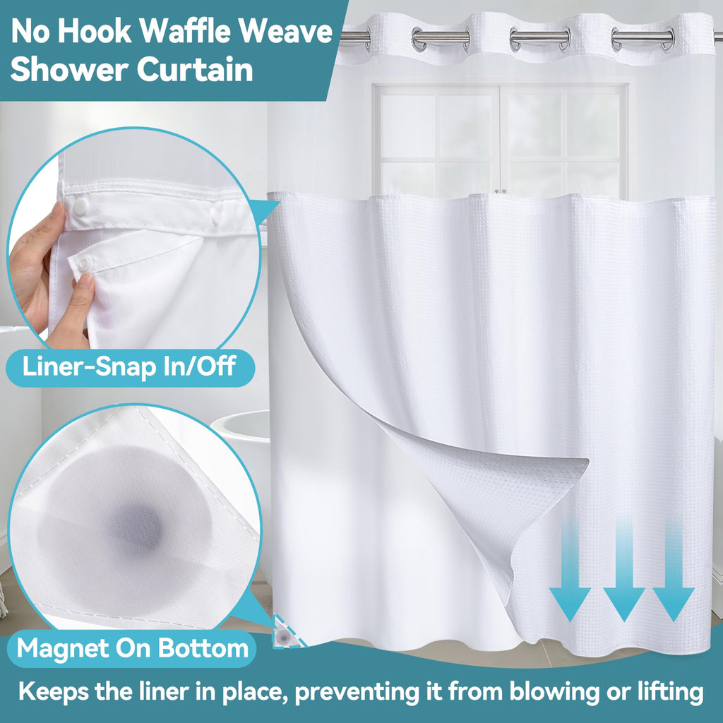 Conbo Mio Fabric Waffle Weave Hotel Shower Curtain with Snap in Liner for Bathroom Waterproof Machine Washable Shower Curtain (Waffle-White, 71" W x 74" H)