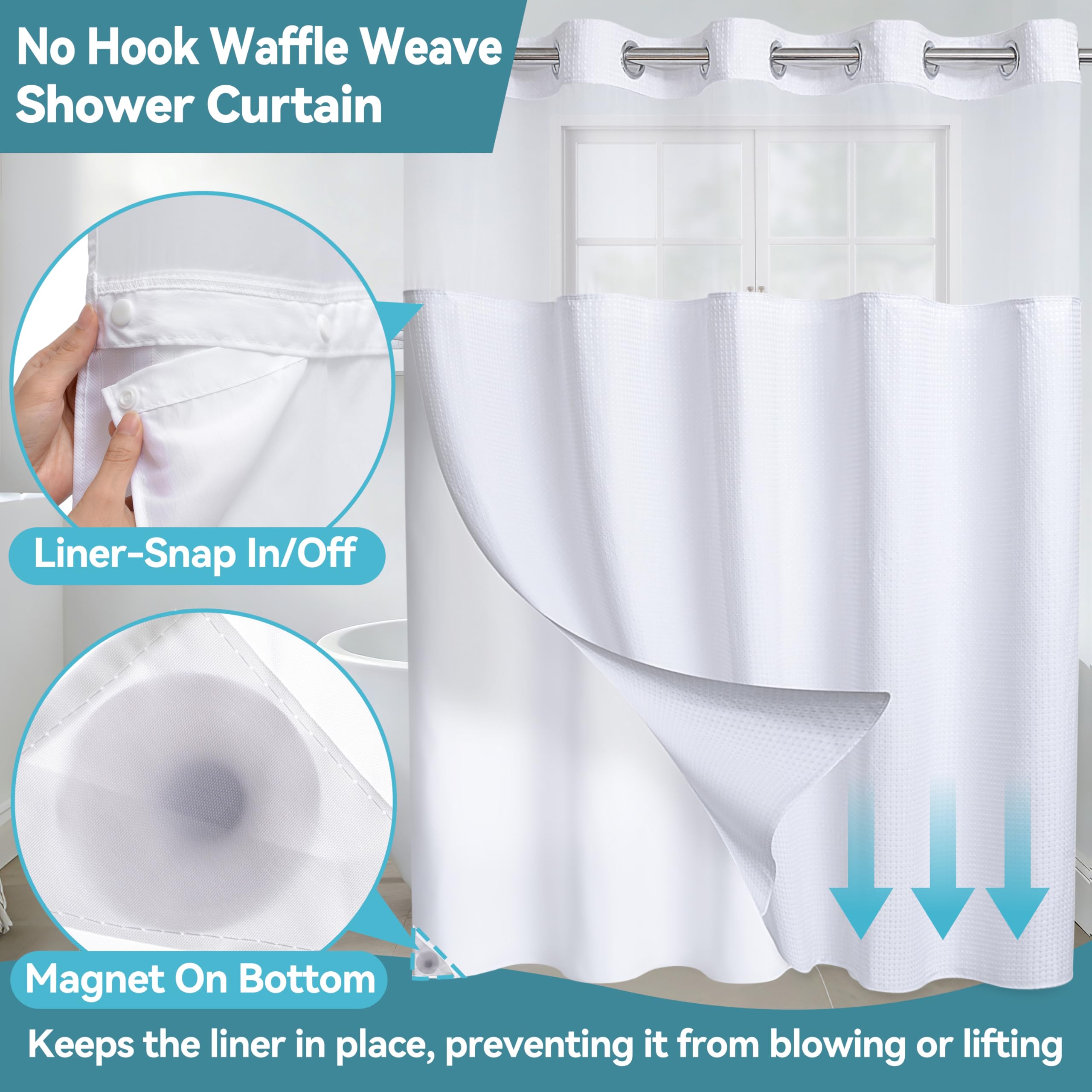 Conbo Mio Fabric Waffle Weave Hotel Shower Curtain with Snap in Liner for Bathroom Waterproof Machine Washable Shower Curtain (Waffle-White, 71" W x 74" H)