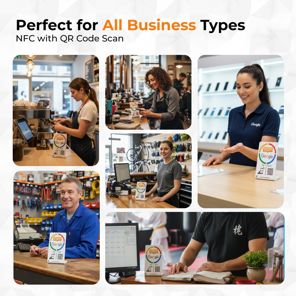 Google Review Tap Card Stand & QR Code Sign – Reusable NFC, No App or Subscription, iPhone & Android Compatible – Acrylic Counter Display to Boost Google Reviews for Business