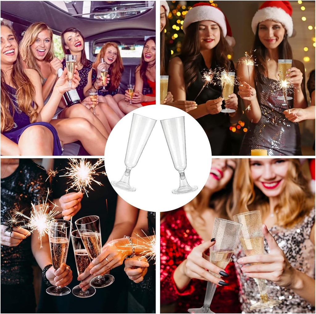Fenhupe 50 PCS 5 oz Plastic Champagne Flutes Disposable, Clear Champagne Glasses, Easy Assemble Plastic Wine Glasses, Light Plastic Cocktail Glasses for Celebration Wedding Party