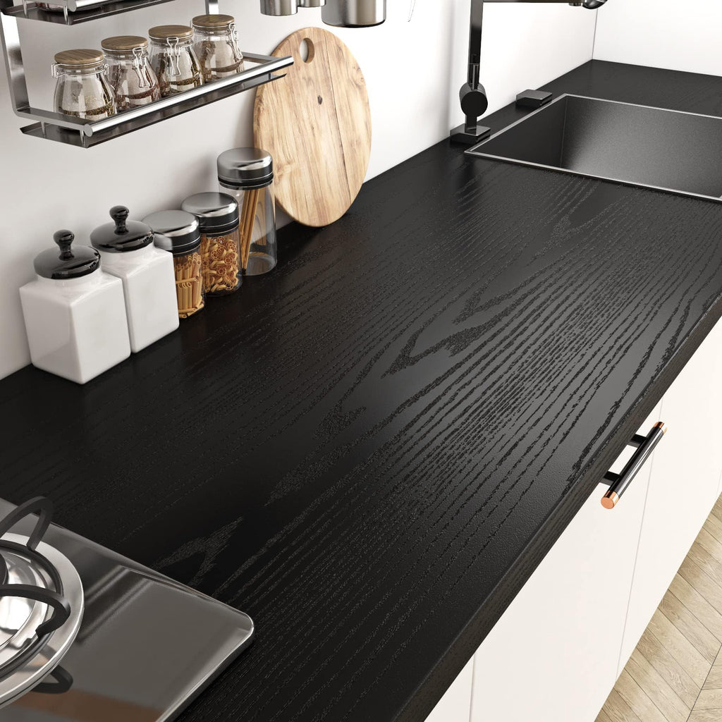 Livelynine 40CMx5M Thick Black Wood Contact Paper Peel and Stick Countertops for Kitchen Cabinet Wallpaper Stick on Countertop Covers Peel and Stick Desk Covering Waterproof Heavy Duty Vinyl Wrap